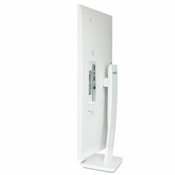 A white computer monitor viewed from the side, showing its stand and port panel against a white background.