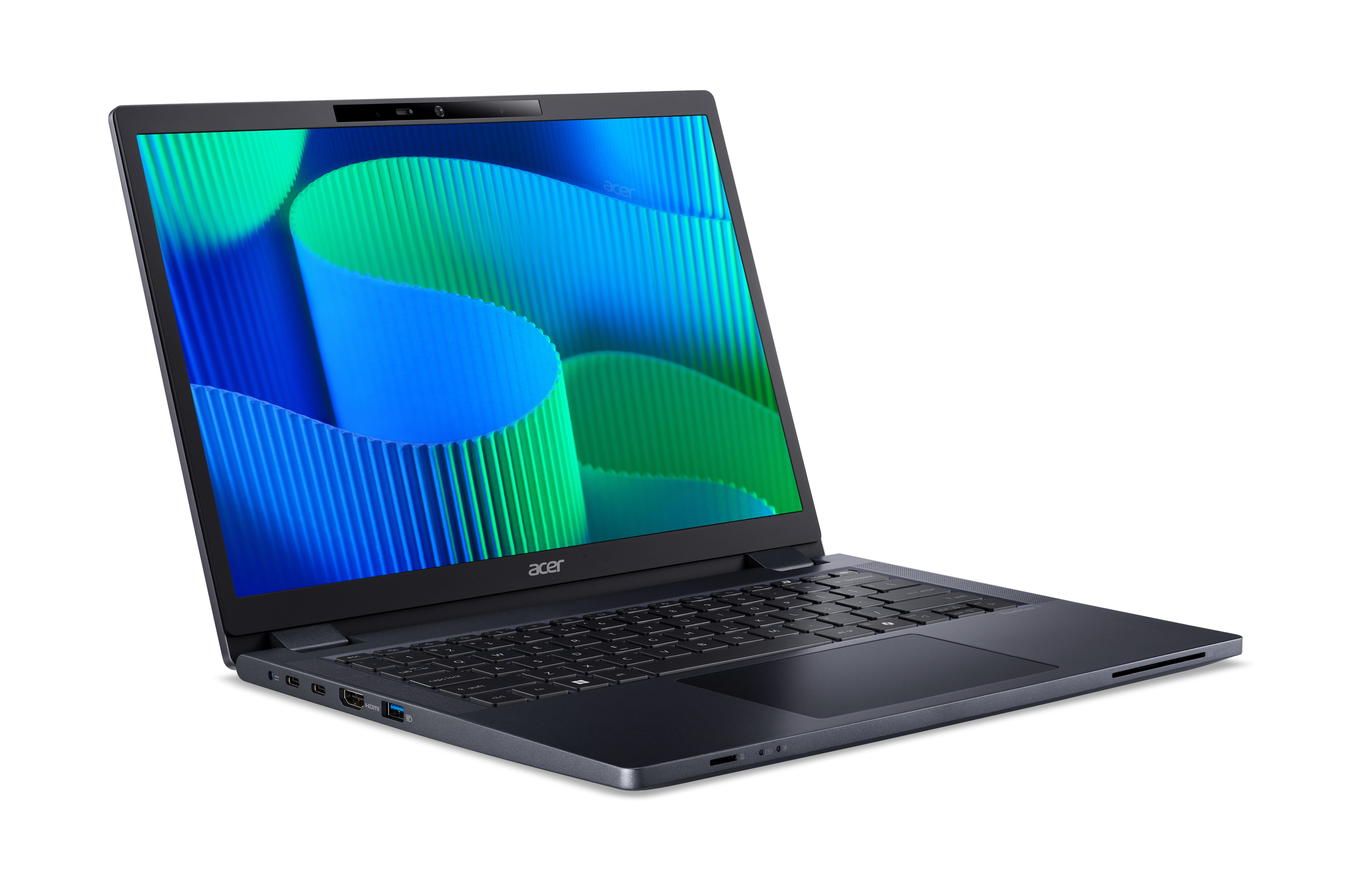 Un computer portatile Acer grigio è aperto su una superficie bianca, con uno sfondo astratto blu e verde.