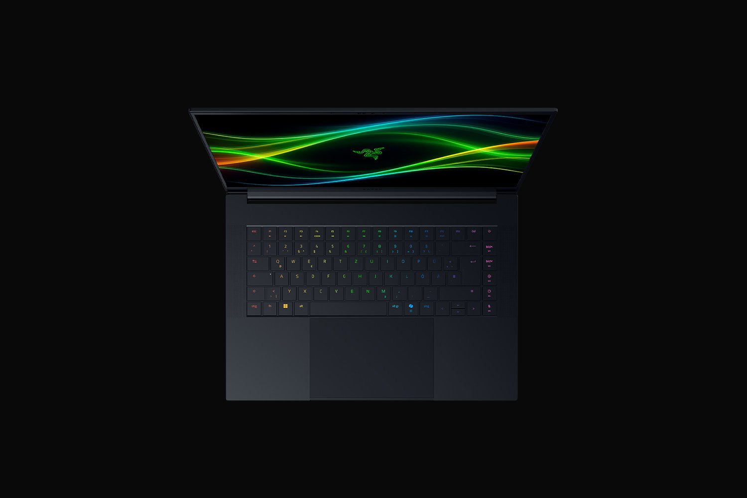 Ein schwarzer Laptop von oben mit beleuchteter Tastatur und grünem Wellenmuster auf dem Bildschirm.