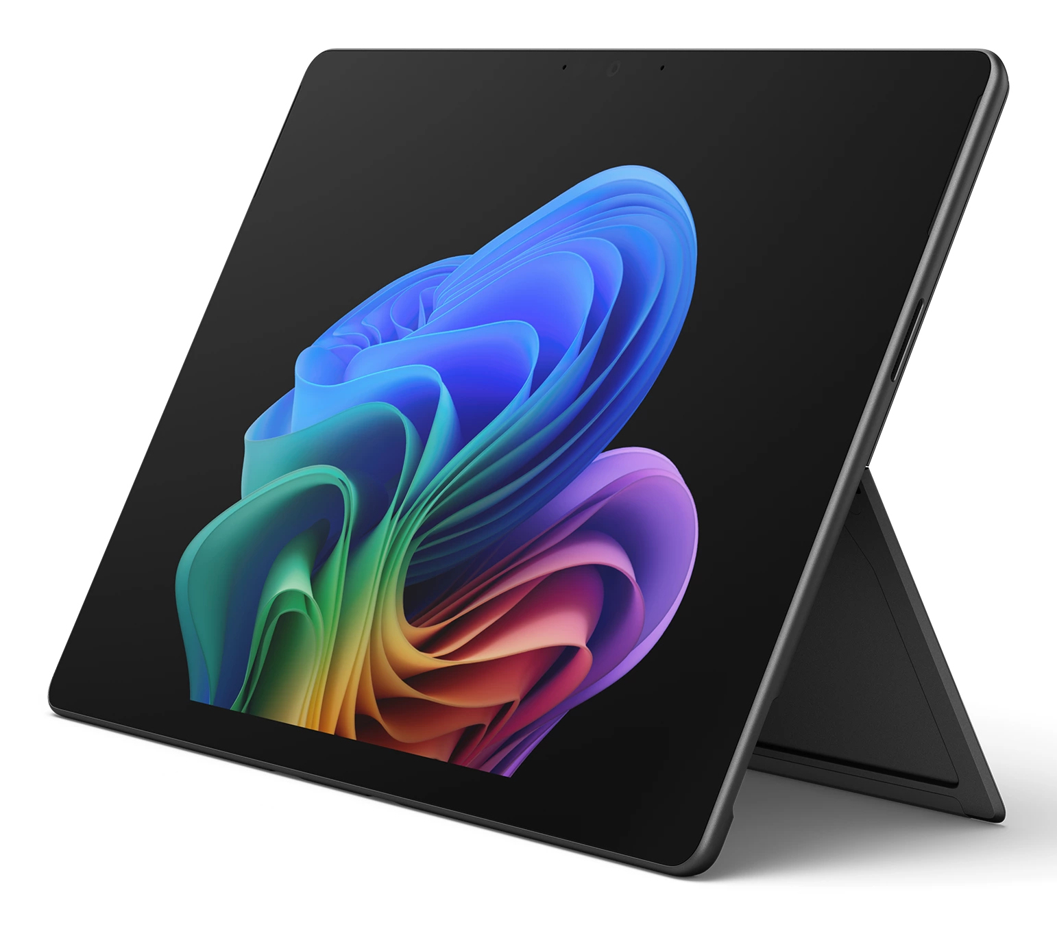 Una tableta negra sobre una mesa blanca muestra un diseño colorido y curvo en su pantalla con un fondo liso.