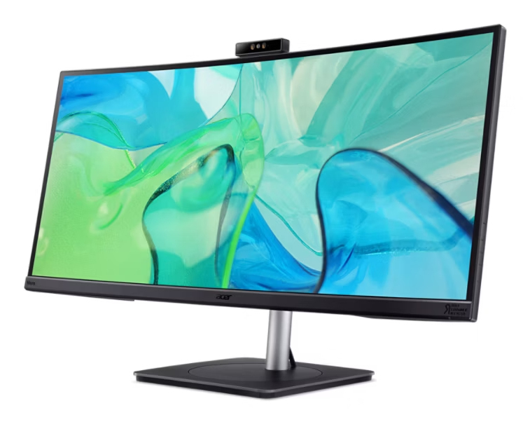 Czarny zakrzywiony monitor Acer wyświetla abstrakcyjną niebiesko-zieloną grafikę na białym tle.
