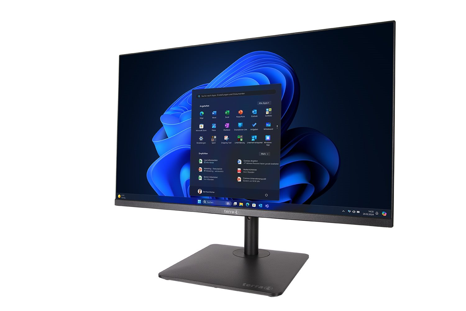Un monitor nero che mostra il desktop di Windows con sfondo astratto blu e menu di avvio aperto.