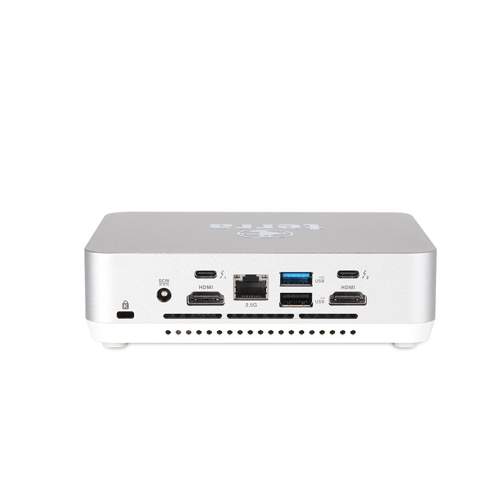 Vista trasera de un mini PC plateado compacto, mostrando varios puertos como HDMI, USB y Ethernet.