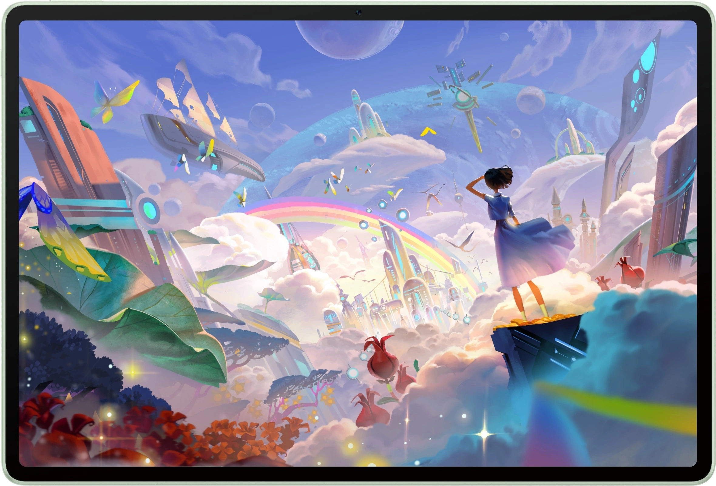 Une femme en robe bleue contemple une cité fantastique dans les nuages avec des vaisseaux, un pont arc-en-ciel et des planètes.