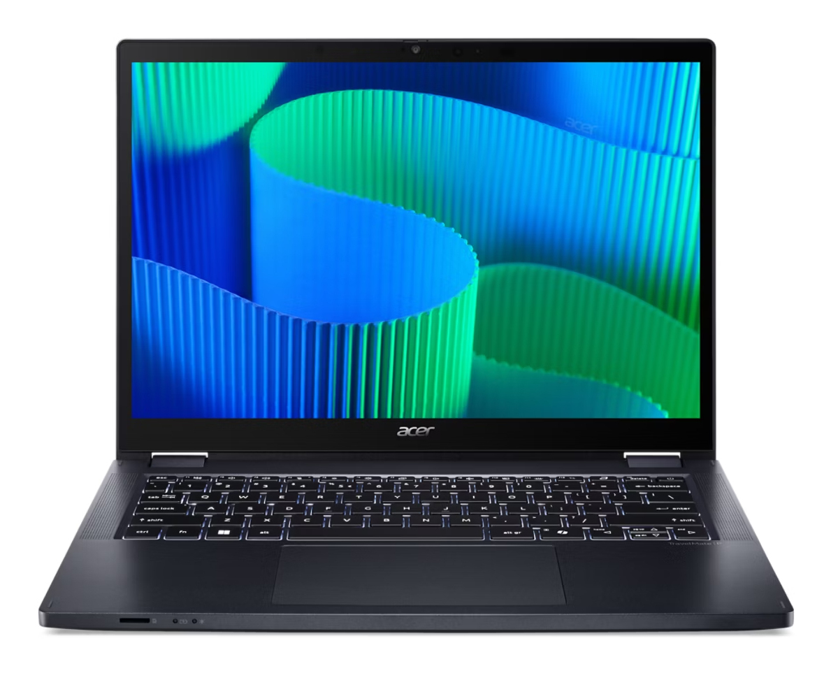 Ein schwarzer Acer Laptop mit beleuchteter Tastatur und einem blauen und grünen Wellen-Hintergrundbild auf dem Bildschirm.