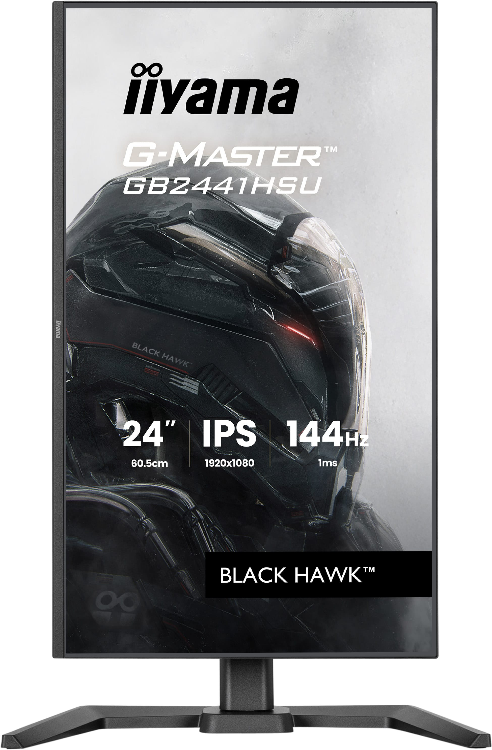 Iiyama G-Master GB2441HSU gaming monitor displaying a futuristic helmet, with specs 24 inch, IPS, and 144Hz.