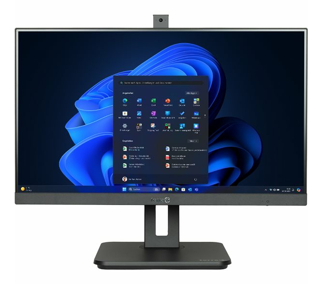 Czarny komputer typu all-in-one wyświetla ekran startowy systemu Windows 11 na niebieskim tle.