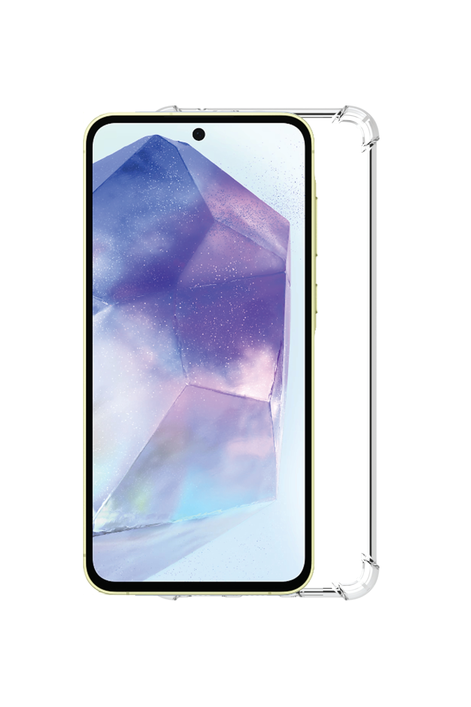Smartphone in custodia protettiva trasparente con motivo di cristallo viola astratto sullo schermo.