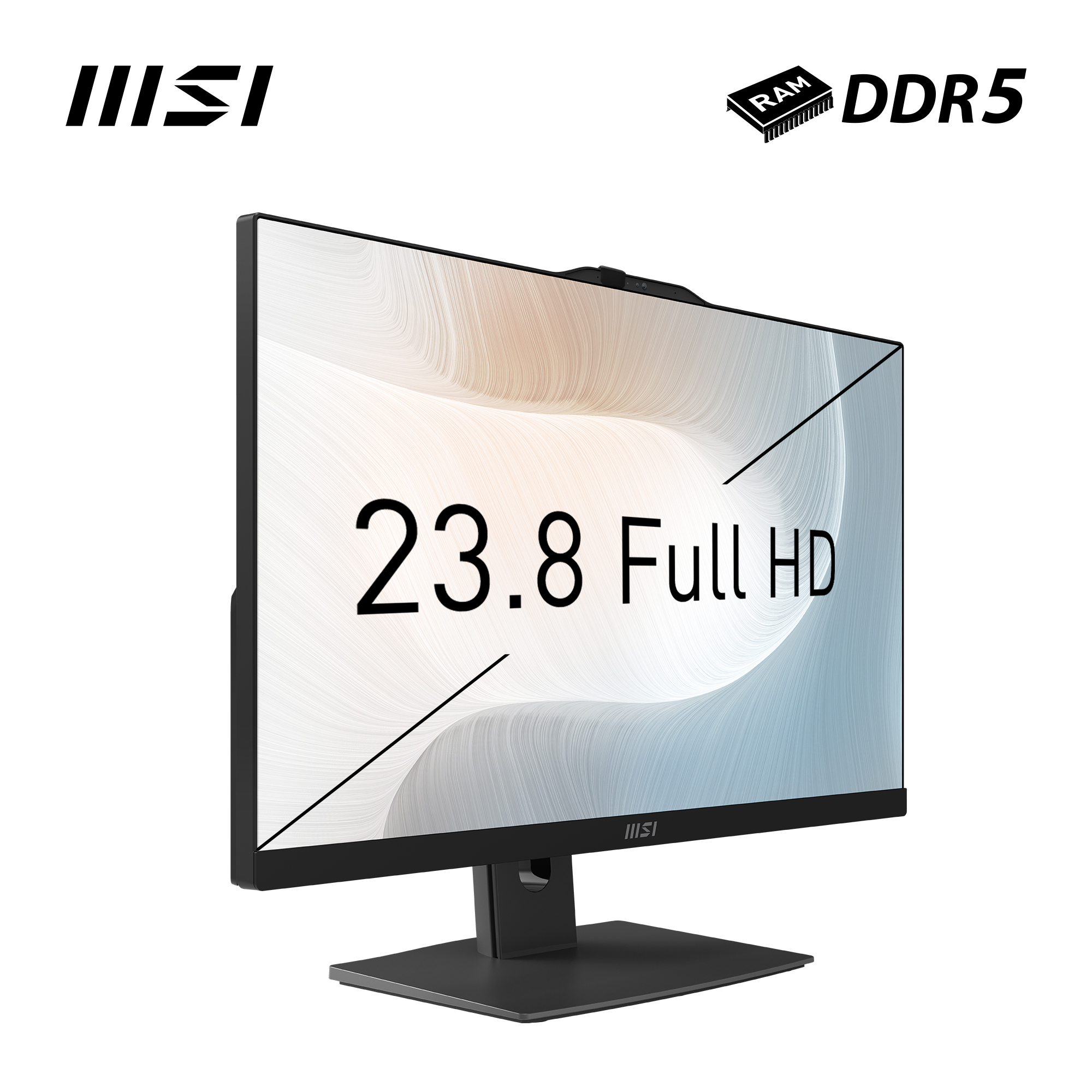 MSI 23,8" Full-HD-Monitor mit DDR5-RAM, schwarzem Standfuß und minimalistischem weißen Bildschirm.