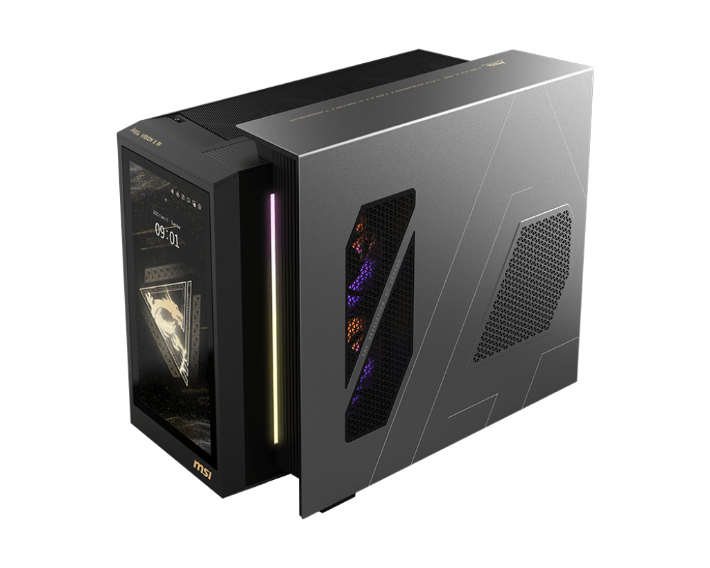 Moderno tower per PC da gioco MSI grigio con display frontale e illuminazione RGB.