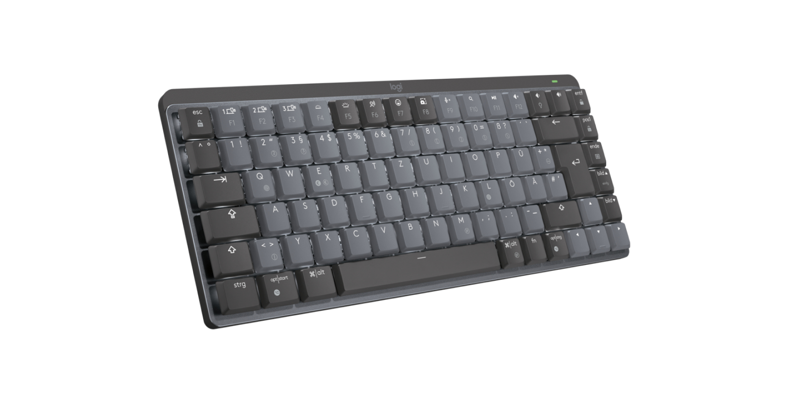 Clavier sans fil Logitech gris foncé avec disposition allemande et lettrage blanc.