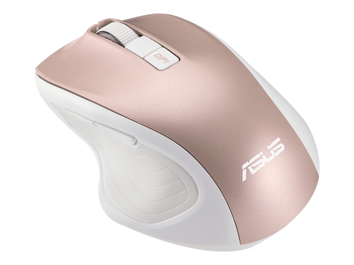 Un mouse wireless ASUS oro rosa e bianco con poggiapollice e pulsante DPI su sfondo bianco.