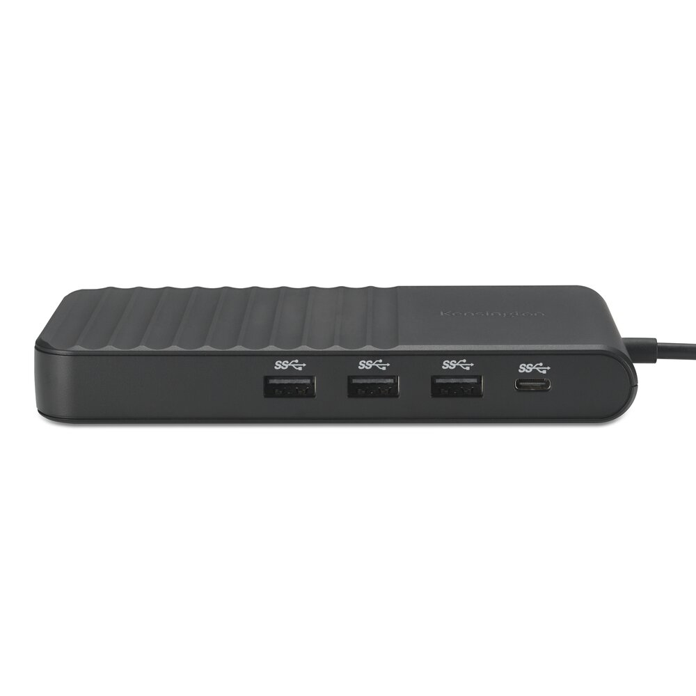 A black Kensington USB hub with three USB-A ports and one USB-C port on a white surface.