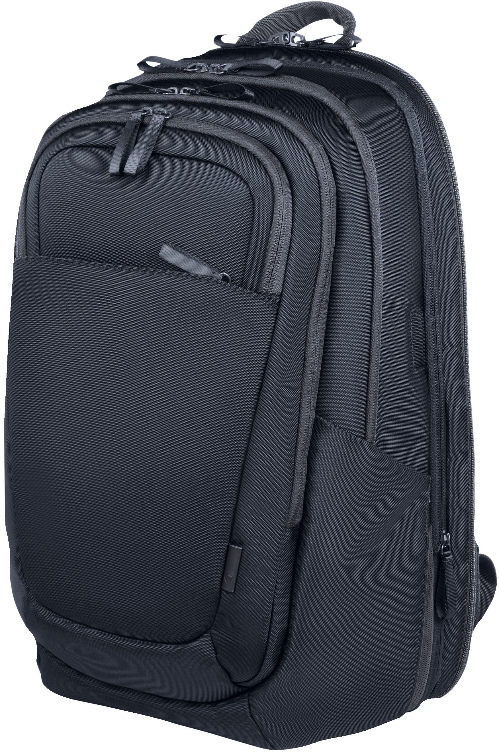 Ein schwarzer, moderner Rucksack mit mehreren Reißverschlussfächern und einem stabilen Tragegriff.