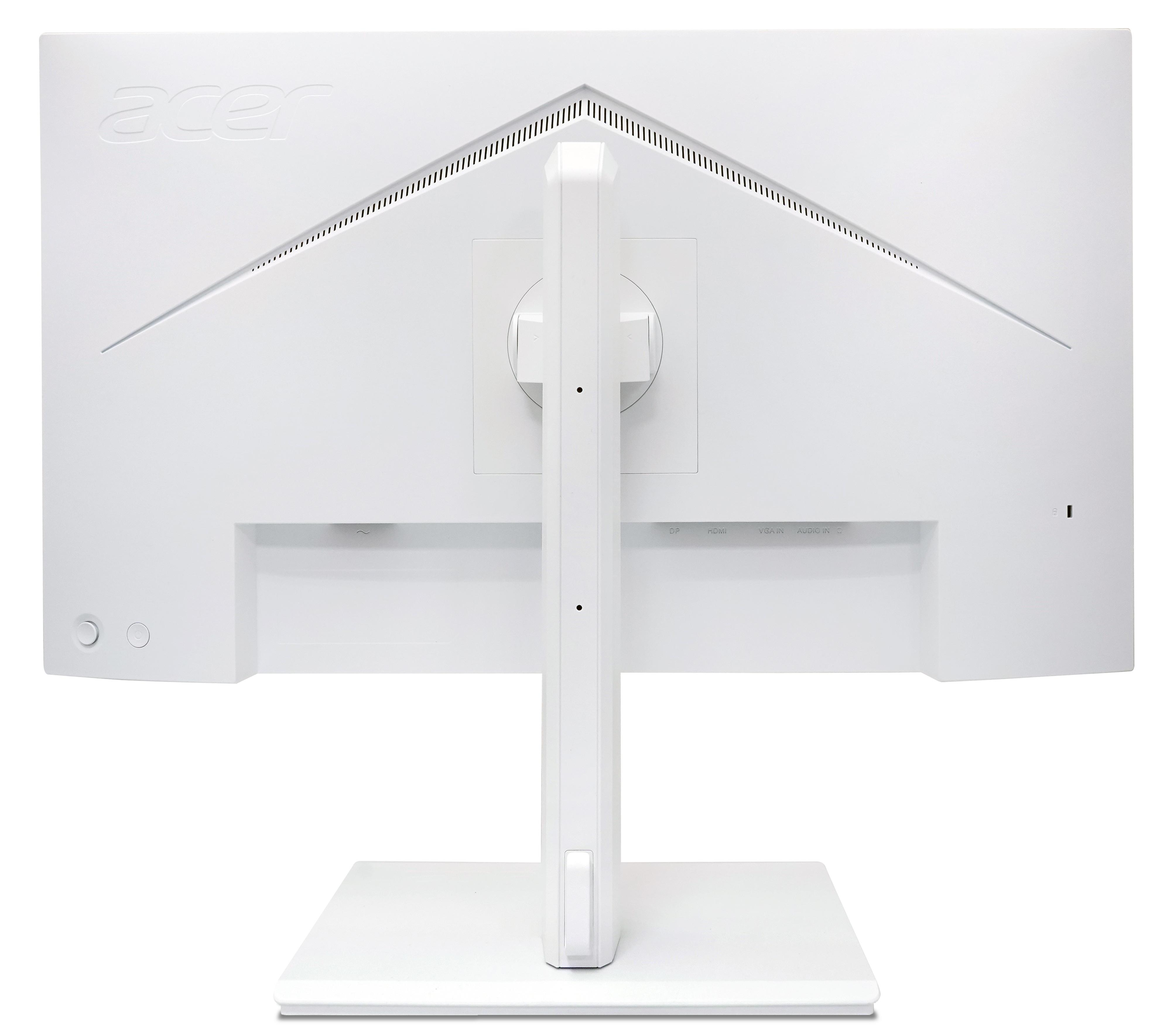 Vista posteriore di un monitor Acer bianco con supporto su sfondo bianco.