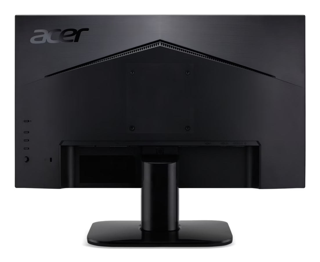 Rear view of a black Acer computer monitor with a stand, showing ports on the side and VESA mount in the center.