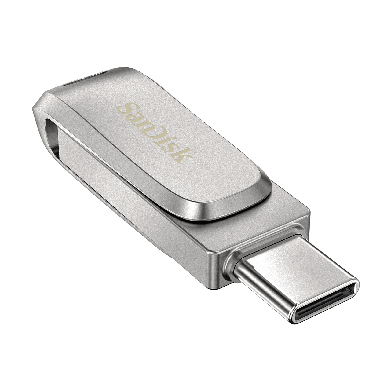 Una chiavetta USB-C SanDisk argentata con custodia metallica girevole su sfondo bianco.