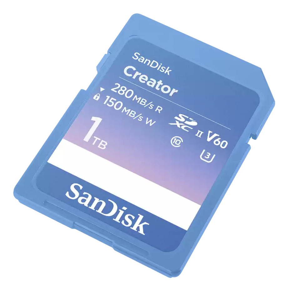 Scheda di memoria SDXC SanDisk Creator 1TB blu su sfondo bianco.