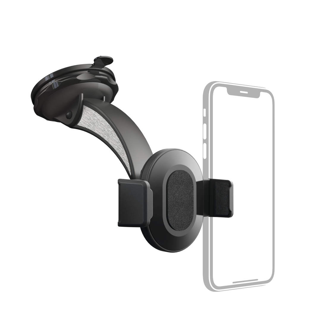 Support de voiture noir avec ventouse maintenant un téléphone.
