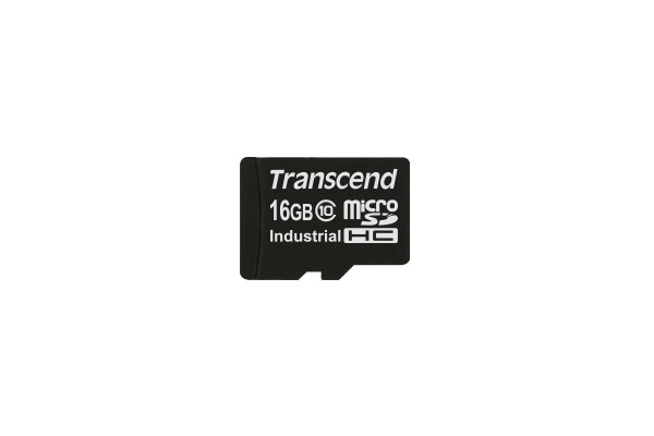 Schwarze Transcend 16GB Industrial microSDHC Speicherkarte auf weiem Hintergrund.