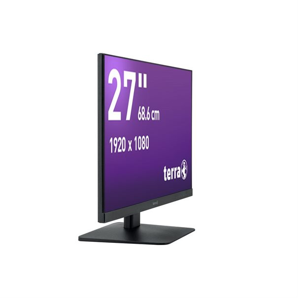 A black computer monitor angled slightly, displaying a purple screen with white text stating 27 inches and 1920x1080.