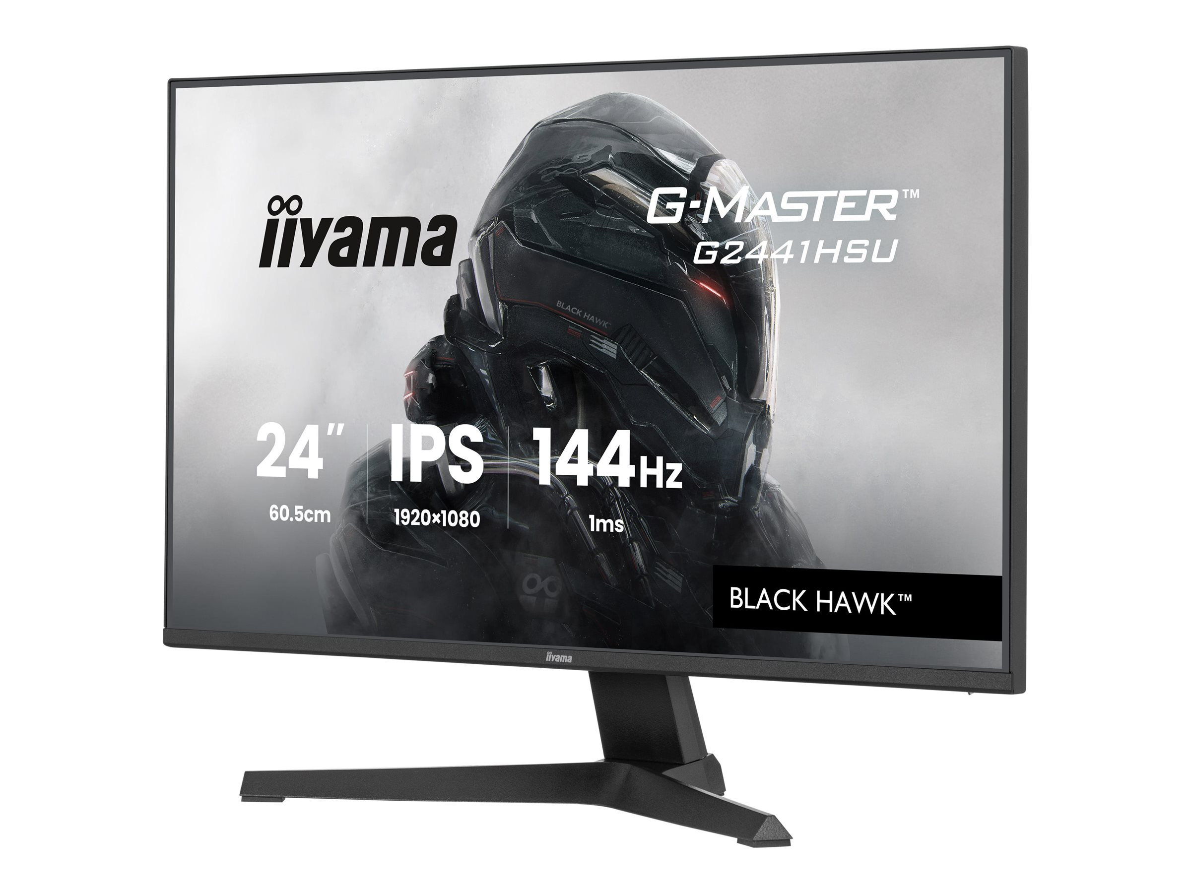 An iiyama G-Master monitor showing a sci-fi warrior with text reading 24, IPS, and 144Hz on screen.