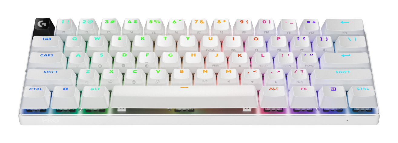 Tastiera compatta bianca con retroilluminazione RGB e tasto Esc nero su sfondo bianco.