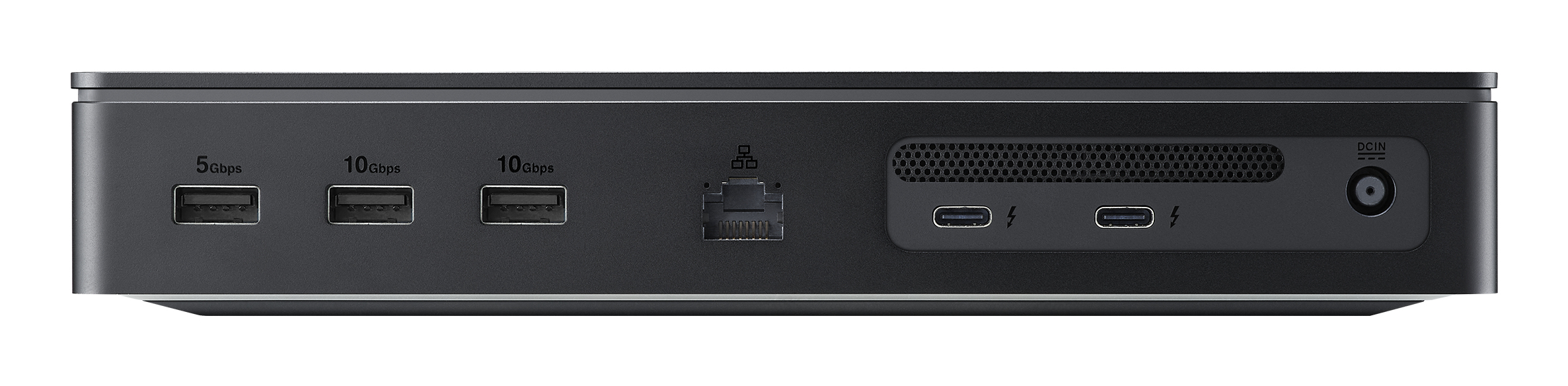 Rückseite eines schwarzen Geräts mit USB-, Ethernet-, Thunderbolt- und DC-IN-Anschlüssen.