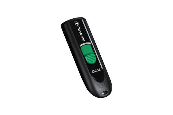 Chiavetta USB Transcend nera da 512 GB con cursore verde su sfondo bianco.