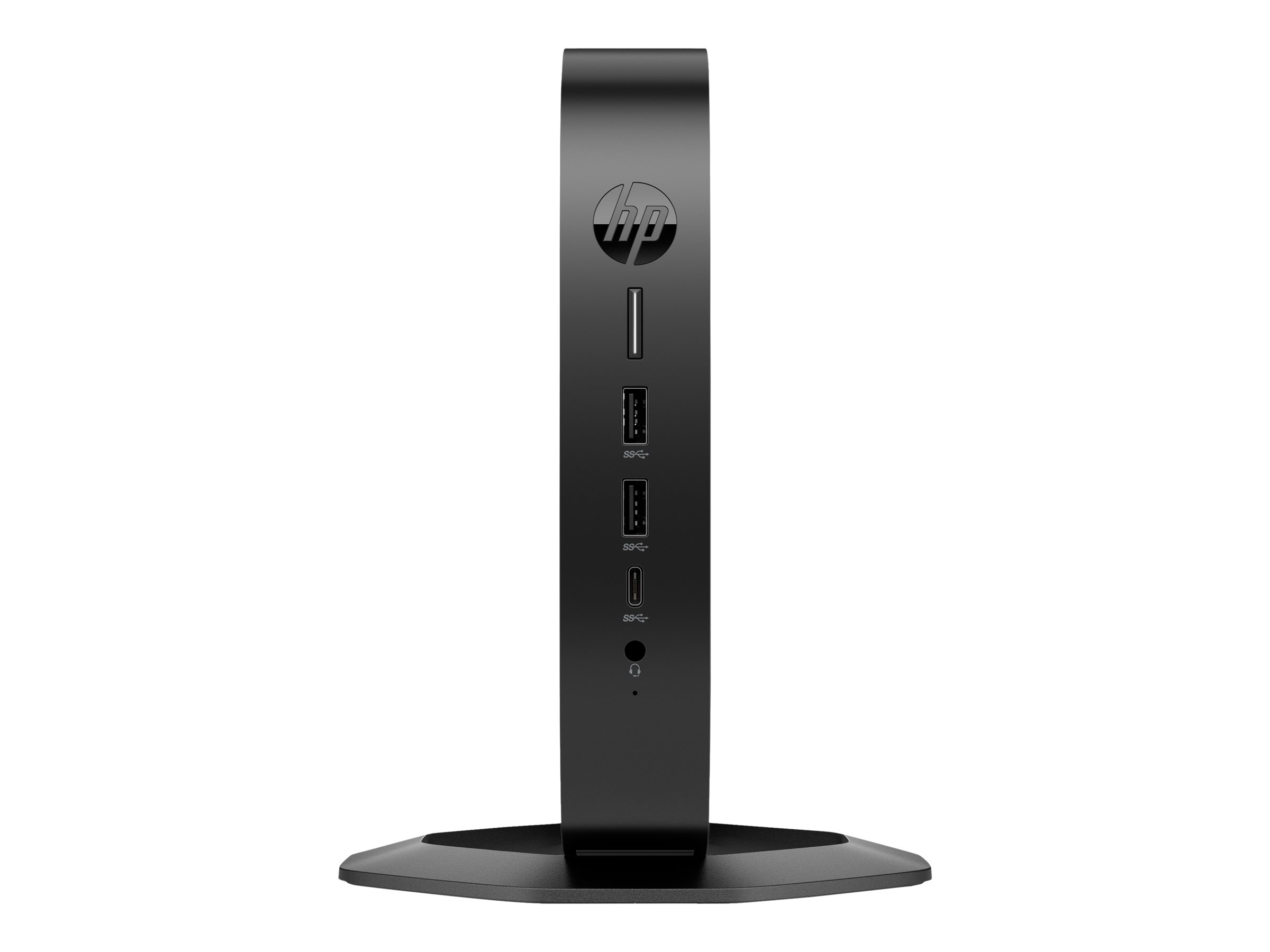 Mini PC HP nero su supporto con porte USB anteriori, jack per cuffie e logo HP su sfondo bianco.