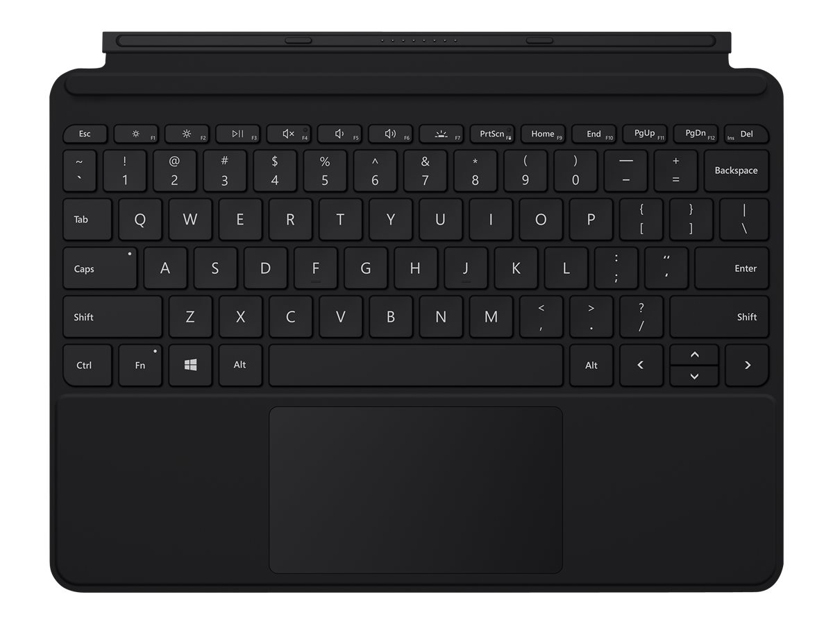 Eine schwarze kabellose Tastatur mit integriertem Touchpad im QWERTY-Layout und Magnethleiste.