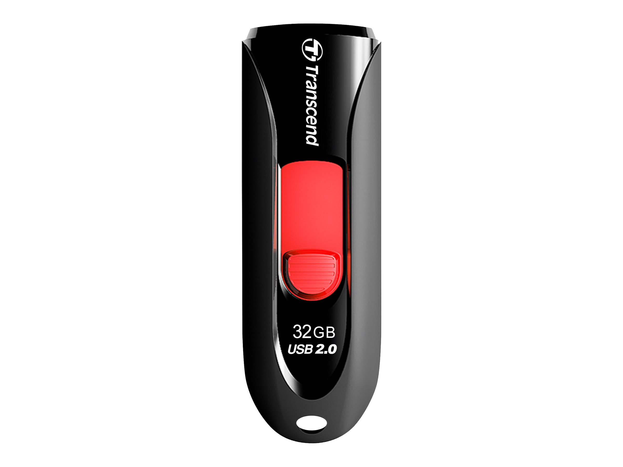 Schwarzer Transcend 32GB USB 2.0 Stick mit rotem Schieber.