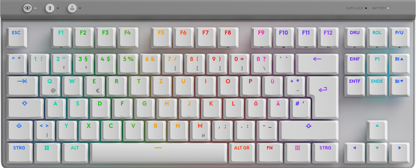 Una tastiera bianca con retroilluminazione RGB e layout QWERTZ tedesco su sfondo grigio.
