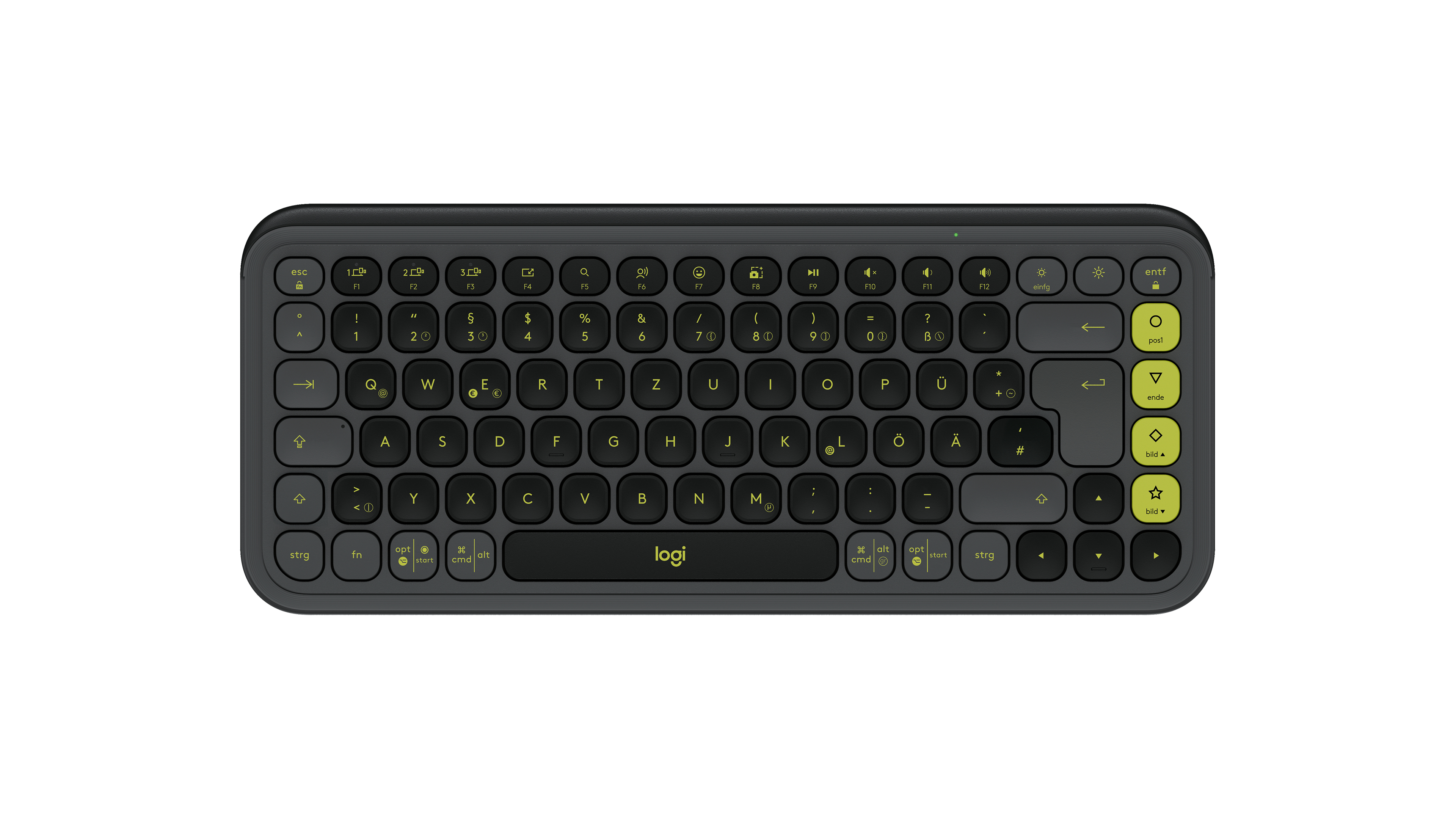 Tastiera Logitech grigio scuro con tasti rotondi e accenti gialli su sfondo bianco.