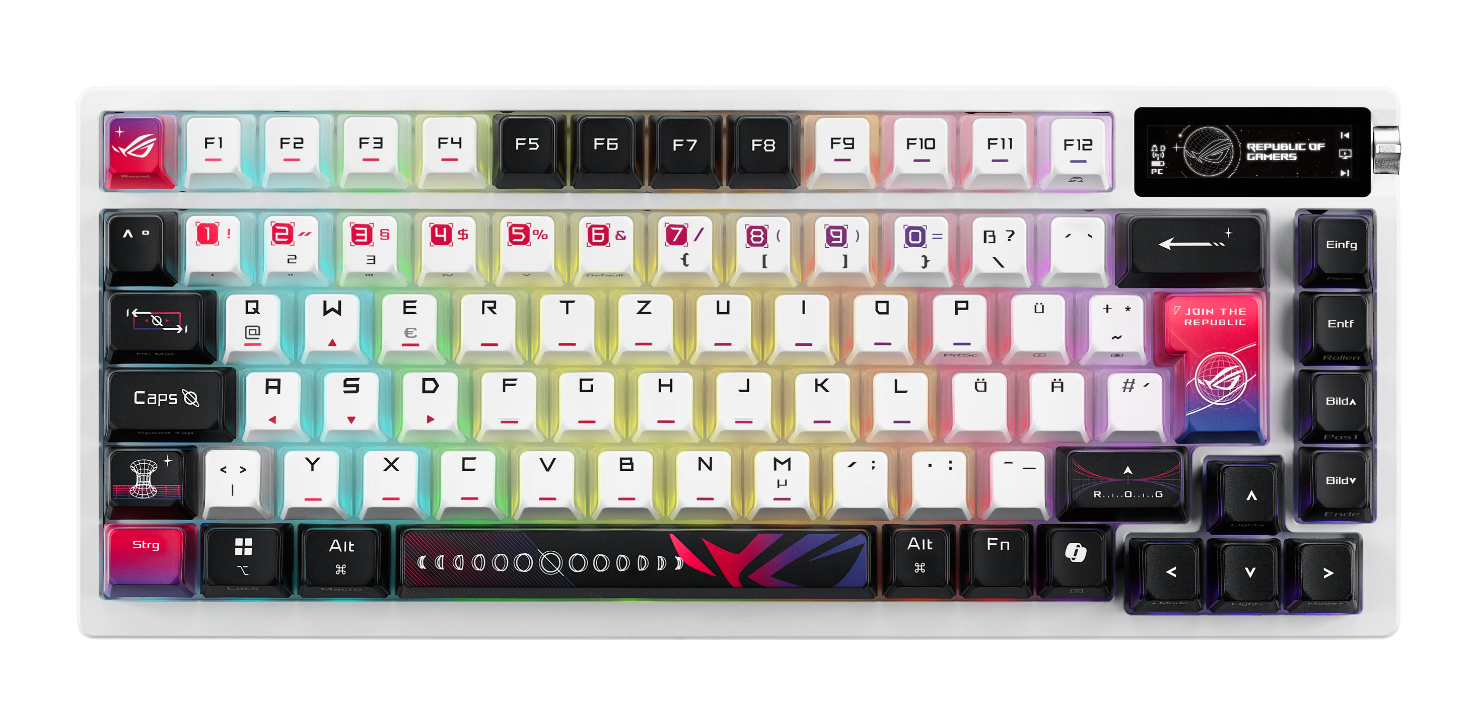 Teclado para juegos blanco con retroiluminación RGB, teclas personalizadas y una pequeña pantalla OLED arriba a la derecha.