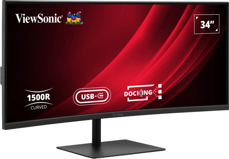 Un monitor curvo ViewSonic da 34 pollici con supporto nero e grafica rossa sullo schermo.