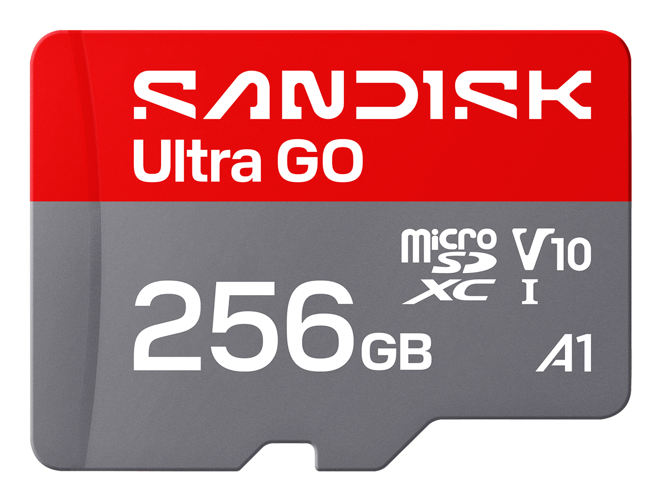 Czerwono-szara karta pamięci MicroSDXC SanDisk Ultra GO 256 GB z białym tekstem.