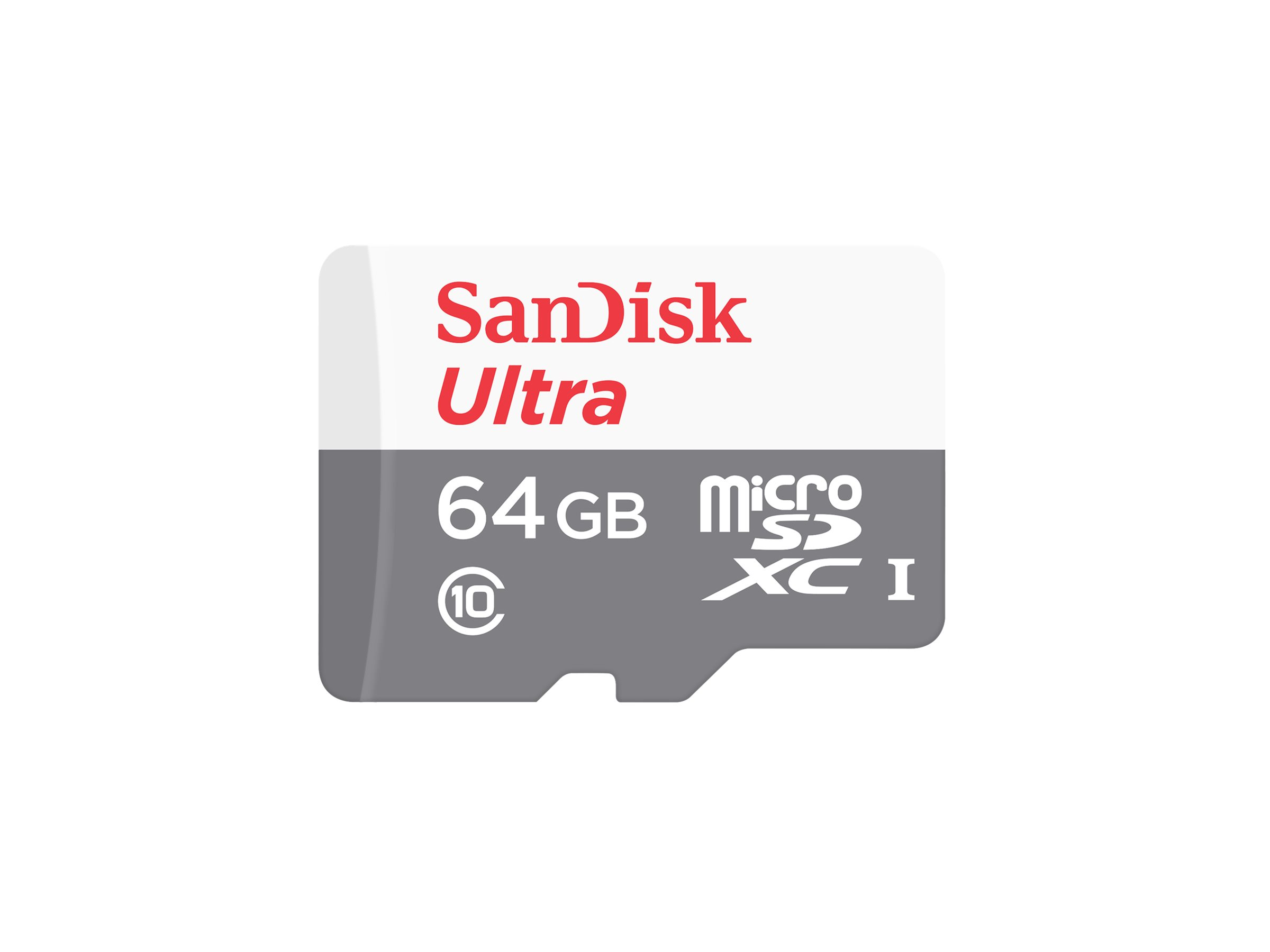 A white and grey SanDisk Ultra 64GB MicroSDXC memory card on a white background.