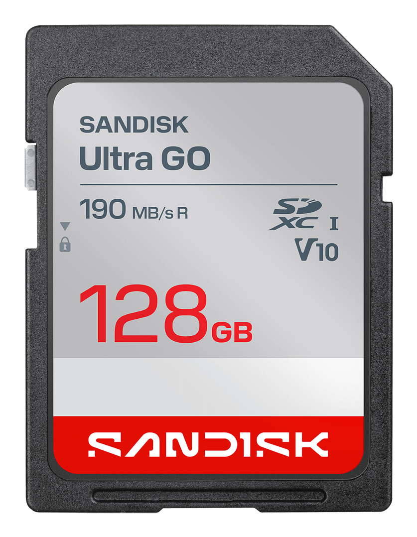 Czarno-szara karta pamięci SD SanDisk Ultra GO 128GB z czerwonym napisem.
