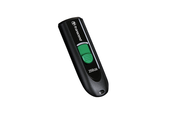 Una memoria USB Transcend negra con deslizador verde y etiqueta de 256GB.
