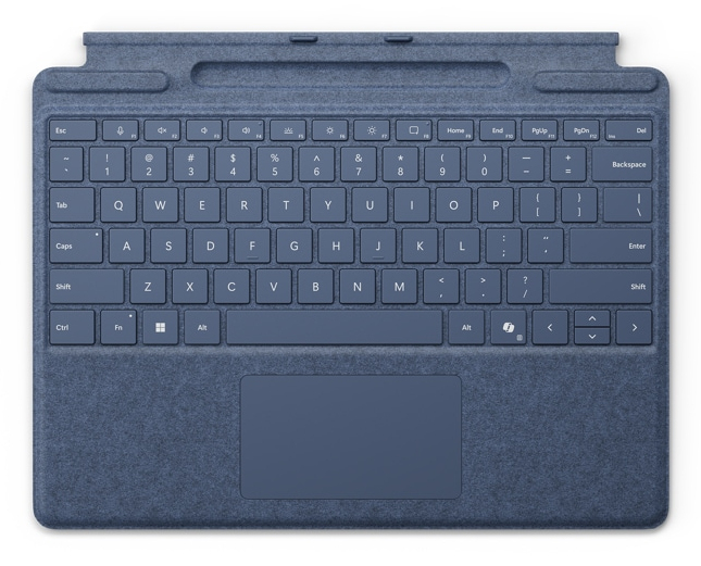 Tastiera wireless blu con touchpad integrato e rivestimento in tessuto vista dall'alto.