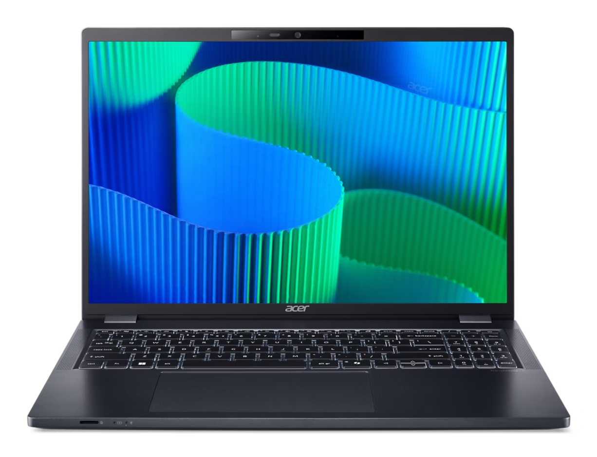 Ein schwarzer Acer Laptop mit offenem Bildschirm zeigt blau-grüne Wellen und eine beleuchtete Tastatur.