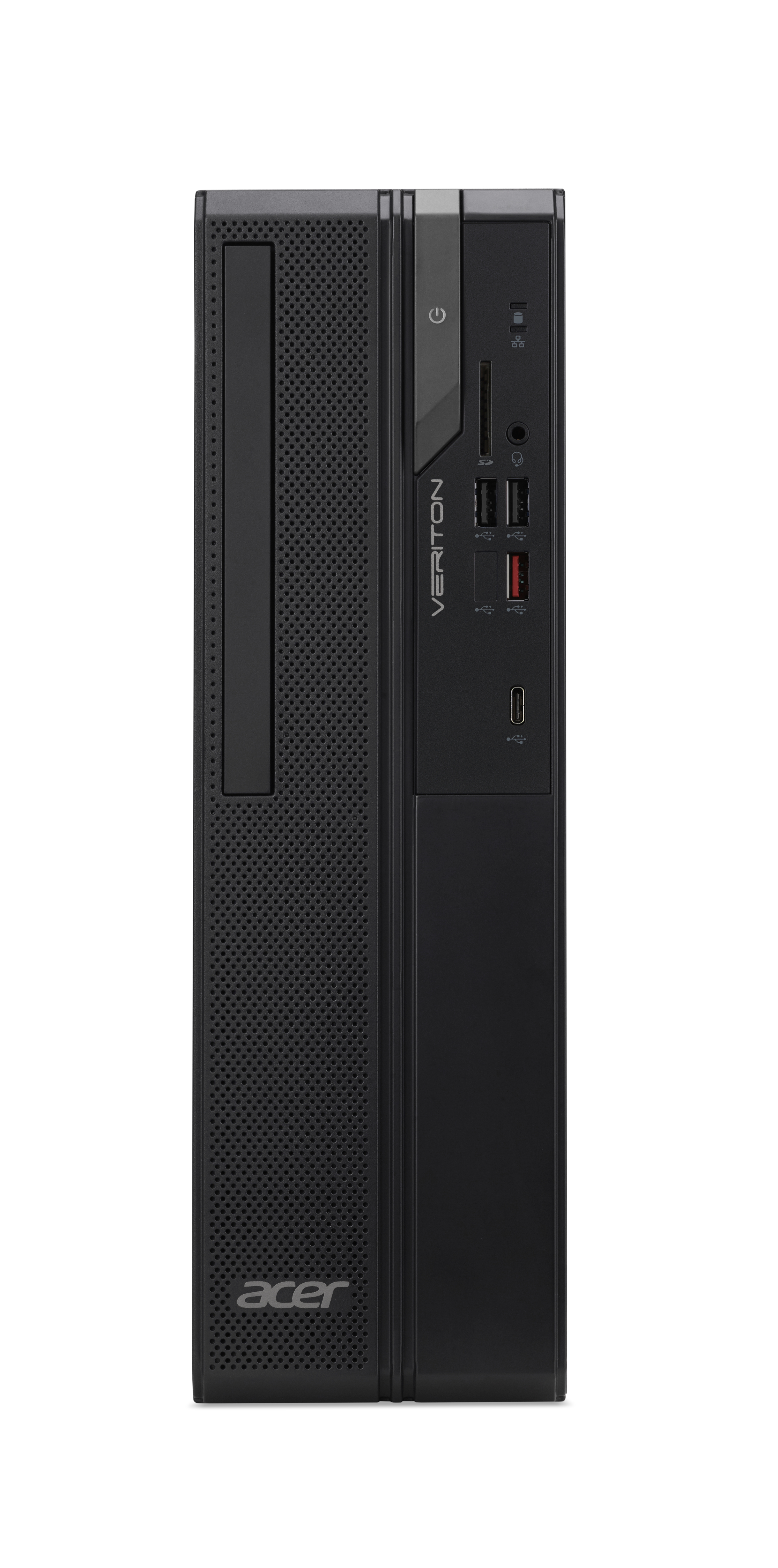 PC desktop Acer Veriton nero, vista frontale con porte USB, lettore schede SD e pulsante di accensione.