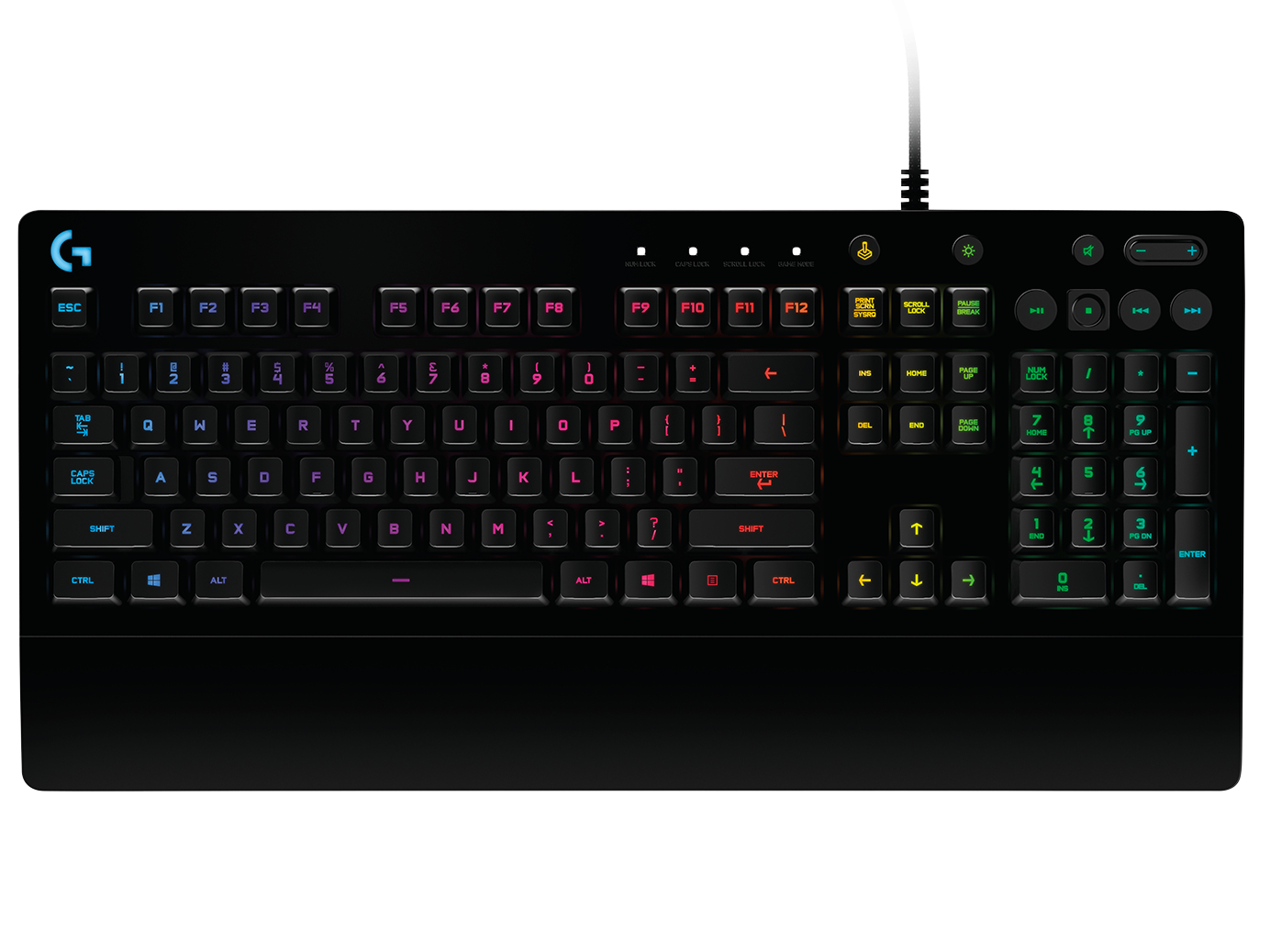 Schwarze Logitech Gaming-Tastatur mit RGB-Hintergrundbeleuchtung auf weißem Hintergrund.