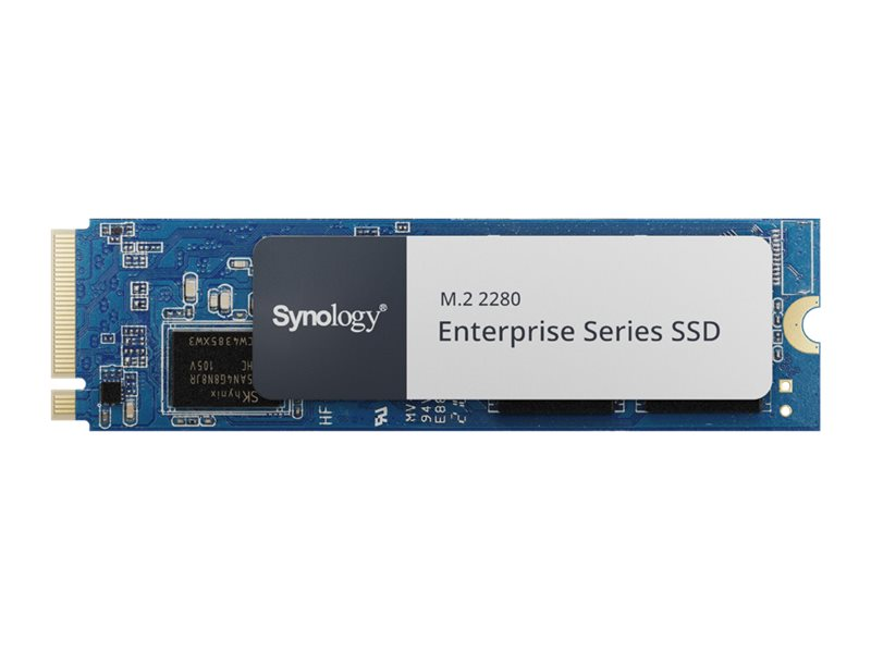 Niebieski dysk SSD Synology M.2 2280 Enterprise Series na białym tle.