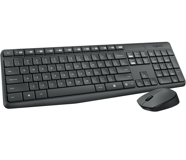 Ein schwarzes drahtloses Tastatur- und Mausset vor weißem Hintergrund.