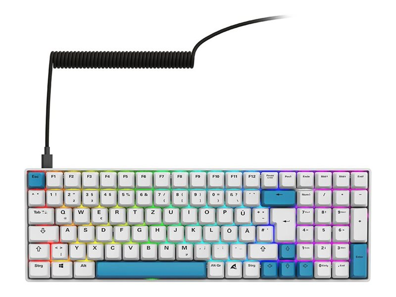 Teclado de juego blanco con retroiluminación RGB, detalles en azul y un cable negro en espiral.