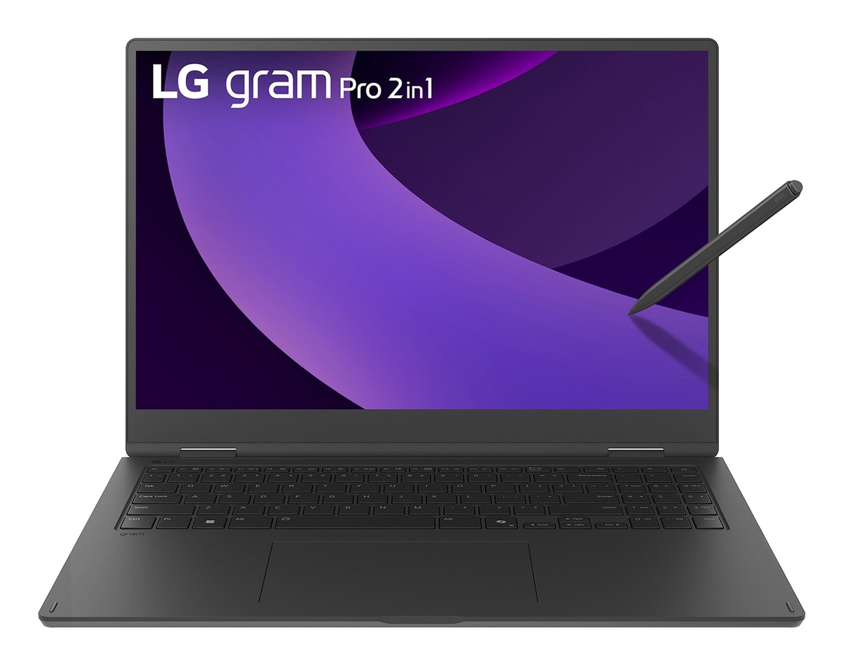 Portátil negro LG gram Pro 2in1 con lápiz táctil en la pantalla morada sobre fondo blanco.