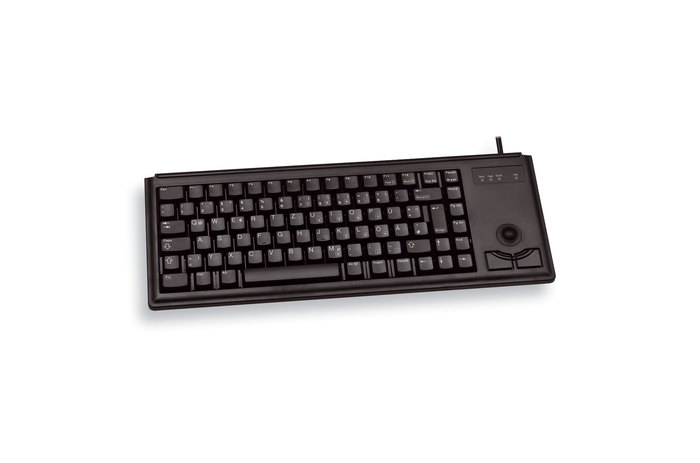 Teclado negro con trackball y botones integrados sobre un fondo blanco.