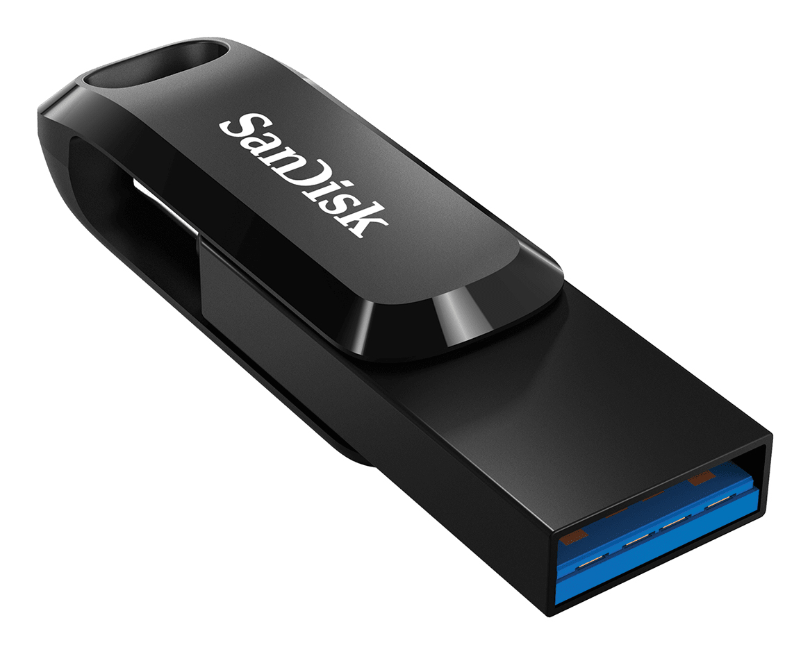 Chiavetta USB SanDisk nera su sfondo bianco.